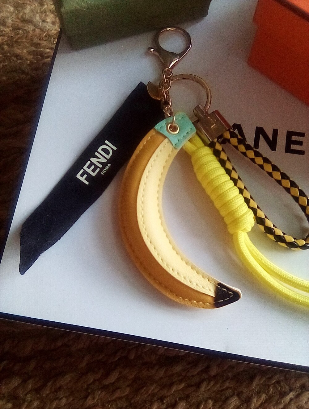 Handmade FENDI ribbon Accent Banana Yellow Rope Keychain Bag Charm - Picture 4 of 8